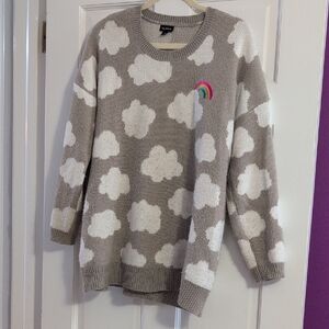 Zara Beige Sweater with White Clouds and Rainbow